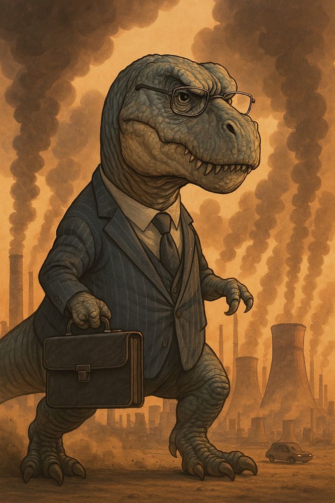 Dino mit Nadelstreifenanzug vor Gaskraftwerken 