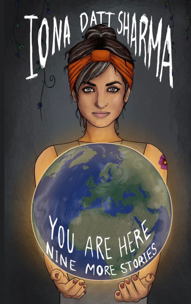 book cover, showing a serious South Asian woman in a red headscarf holding a globe in her arms with text, YOU ARE HERE: NINE MORE STORIES