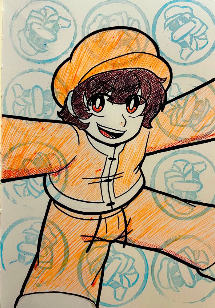 pen and stamp art of bao. the pen portion depicts him smiling with his arms and legs spread wide in a jump, while the stamp is a blue linocut of him curled up in a ball like his psycho ball variations.