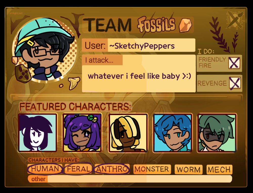 op's artfight info card, showing their team (fossils) and their featured characters.