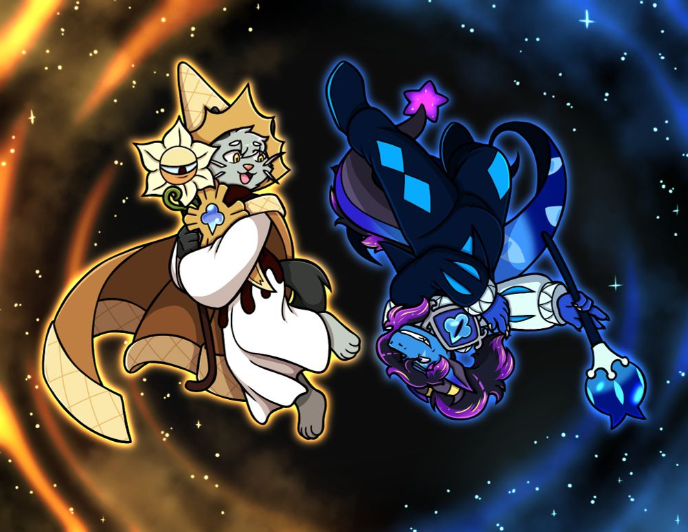 art of kiyoshi (a gray otter) and sevarius (a blue dragon) wearing pure vanilla cookie and shadow milk cookies outfits respectively.