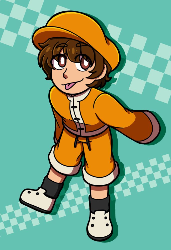 art of bao from the king of fighters. he is a young boy with brown hair and an orange hat, mandarin collared shirt, and shorts.