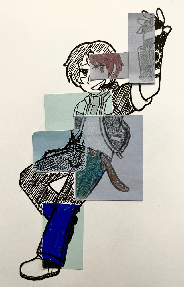 pen and ink art of orochi saga kyo kusanagi. there are sticky notes overlaid the piece, each depicting a portion of his other designs.