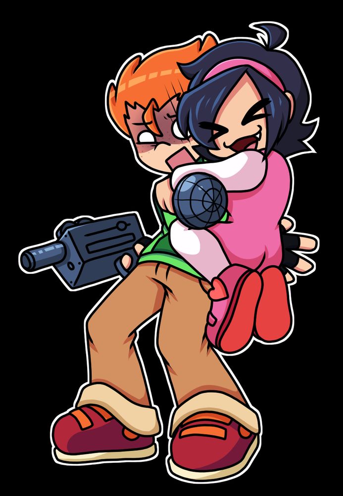 a redraw of pico's game over animation from a recent friday night funkin update. pico's face is strained and slightly blue due to nene's arms wrapped tightly around his neck. nene on the other hand, does not care and expresses extreme joy.