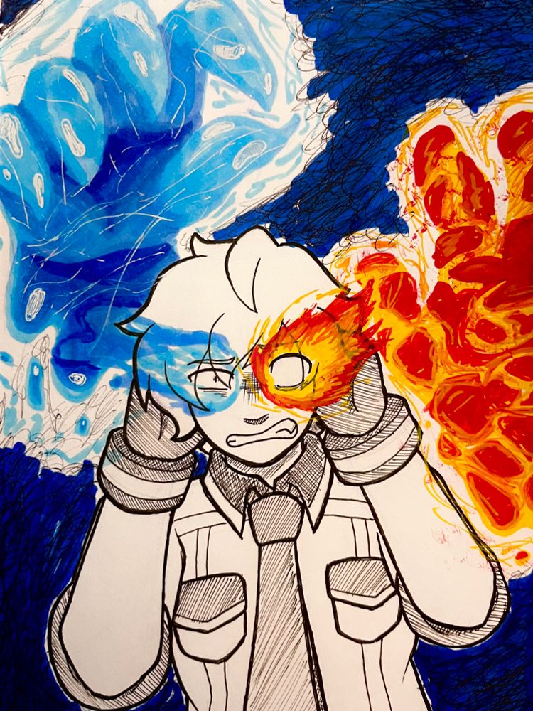 ink drawing of shun’ei, missing his headphones and wraps. blue and red energy matching his specter hands flare from his eyes, with his real hands grabbing his head as he winces in pain.