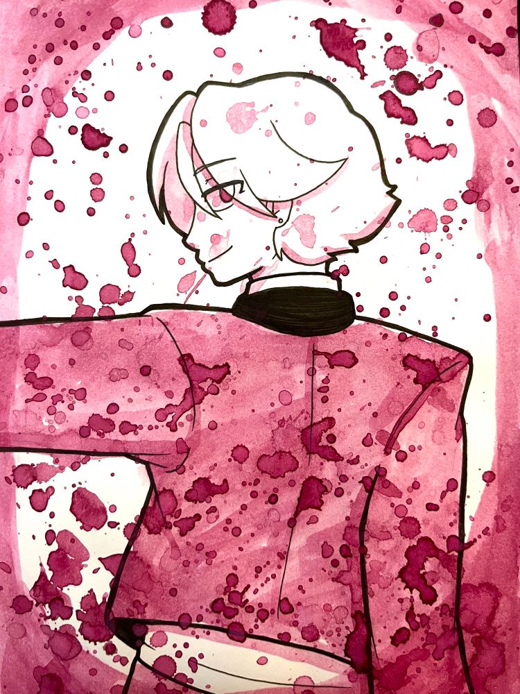 ink and gouache art of king. her back faces the viewer as she glances over her shoulder. the paper is covered in various splotches of wine colored paint.