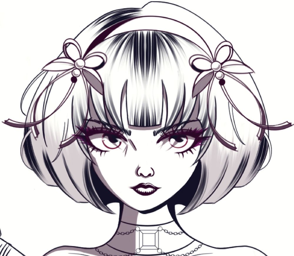 Digital drawing of a woman with bobbed hair and chunky jewelry.