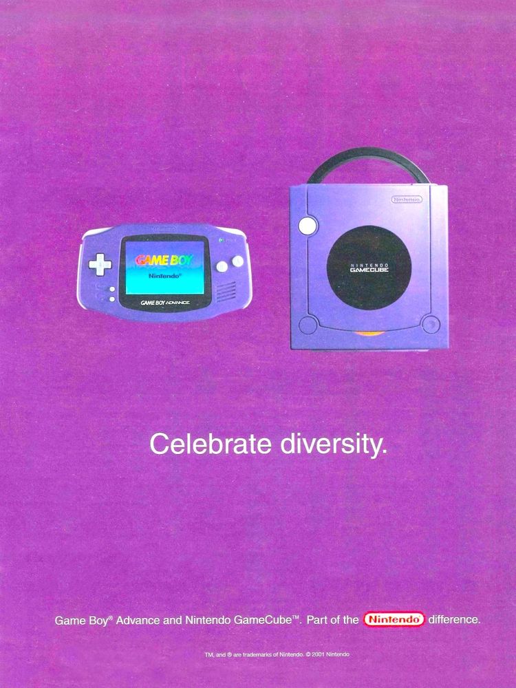 Un anuncio de GameCube donde aparece también una GameBoy Advance y el texto "celebrate diversity"