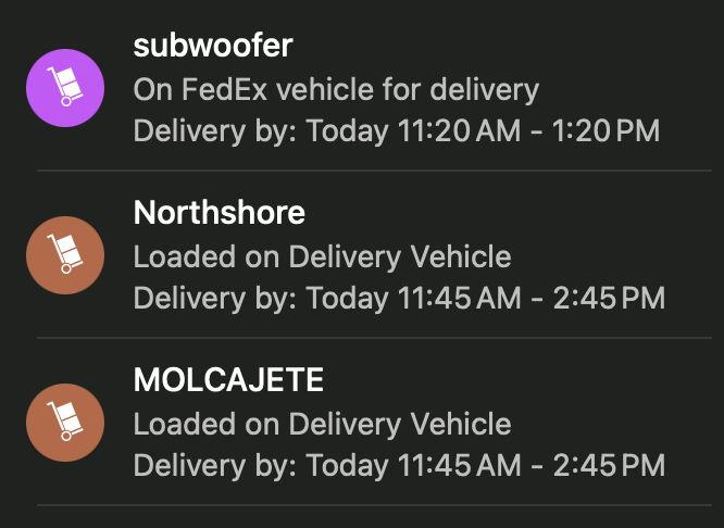 Tracking information showing a subwoofer, Northshore, and molcajete deliveries coming today.