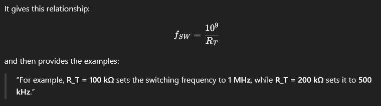 It provides the examples:

“For example, R_T = 100 kΩ sets the switching frequency to 1 MHz, while R_T = 200 kΩ sets it to 500 kHz.”