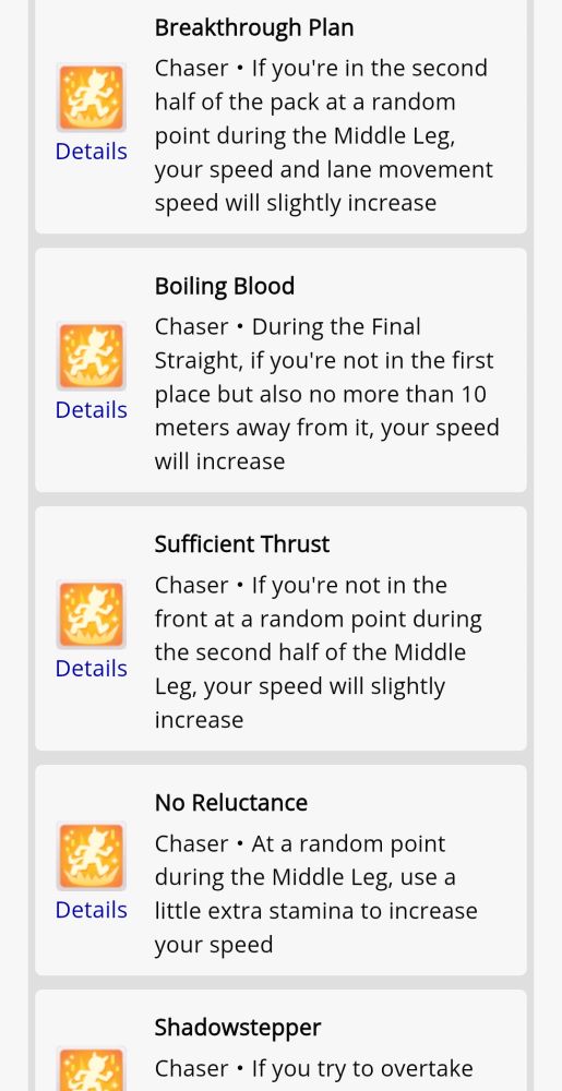 Image of skills for end closers in uma musume: Breakthrough Plan, Boiling Blood, Sufficient Thrust, No Reluctance, Shadowstepper