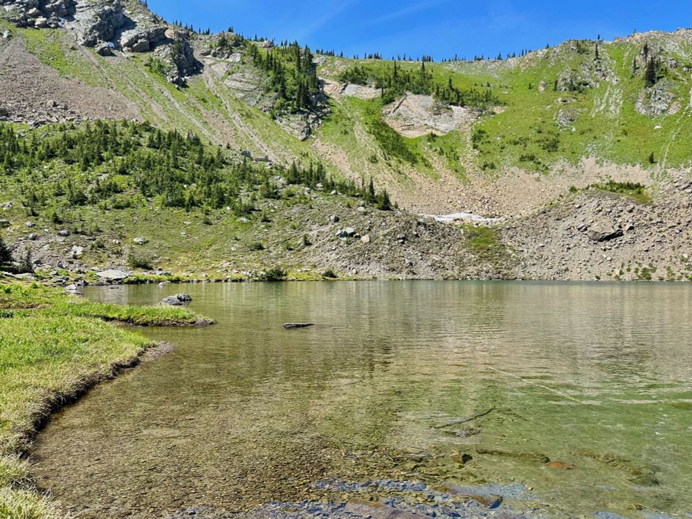 The shallow clear lake reveals rocks along its basin while green meadows comprise the shoreline on the left with a rocky moraine as the background shoreline. Behind the moraine the mountainside rises with meadows, eroded washouts of rock and a few patches of stunted firs below blue skies.