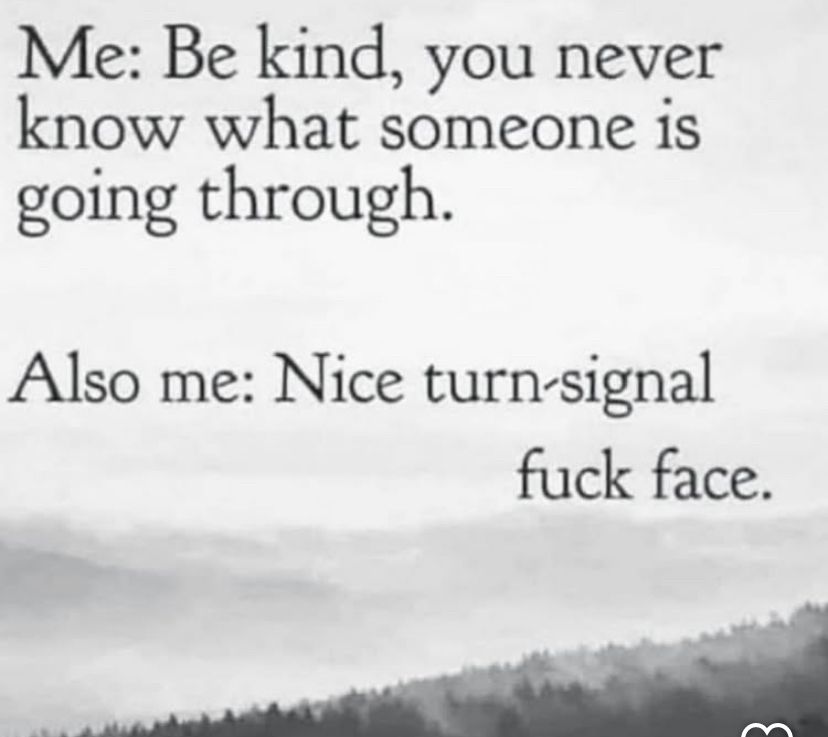 Black and white image that says be kind, then nice turn signal fuckfsce 