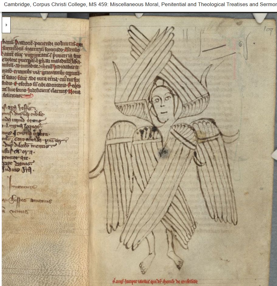 Endearing angel drawn in black ink. It is a later addition by an artist arguably still practicing thier skill. It represents the memoryaid for the treatise on the Six Wings of Cherubs by Alain of Lille that follows. 

Image: Cambridge, Corpus Christi College MS 459, f. 109r
https://parker.stanford.edu/parker/catalog/canvas-c86ba400670a0a02d03f76c849aeeb95