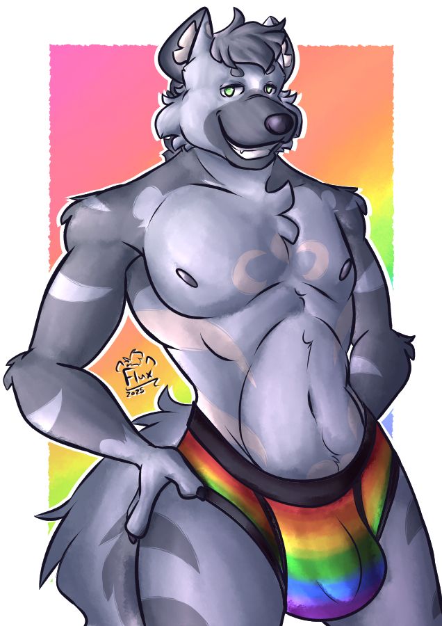 Billboard the hyena in rainbow patterned undies