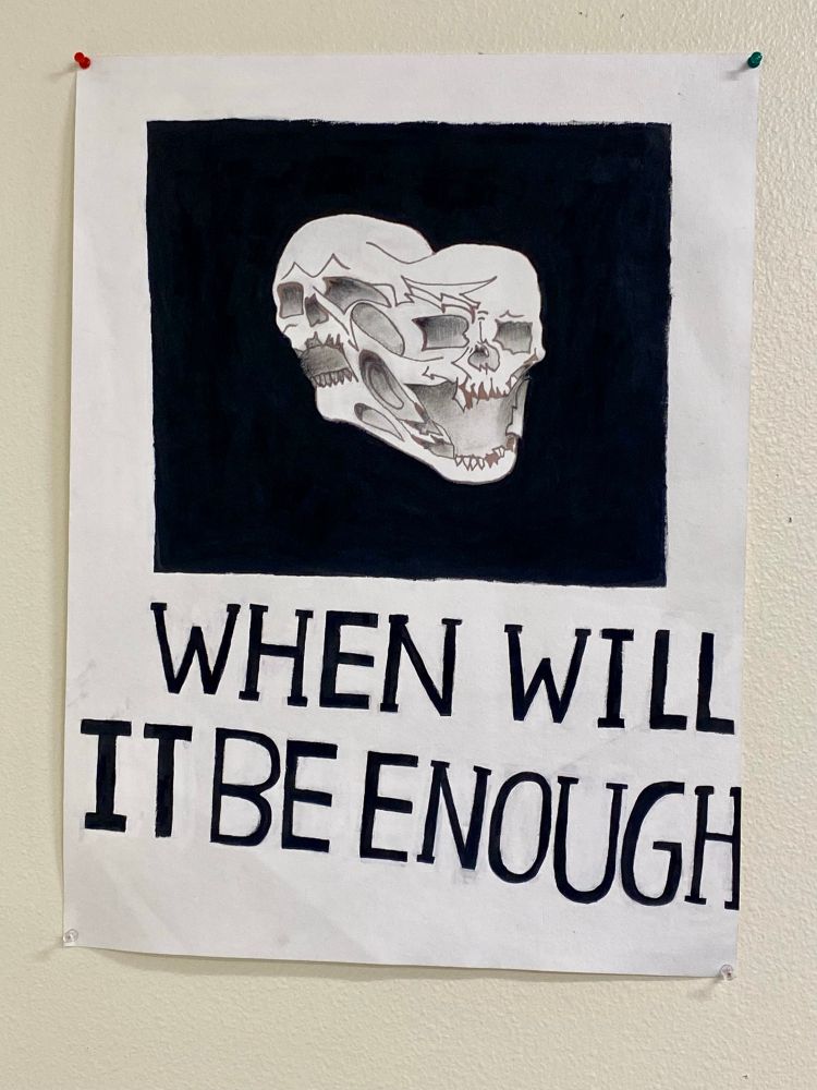 Two skulls warping into each other on a black background. Below “when will it be enough”
