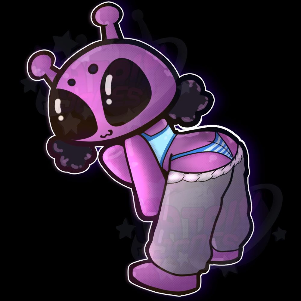 purple alien with poofy hair bending over. she wearing a blue tank top and grey sweatpants rolled down showing light and dark blue striped panties