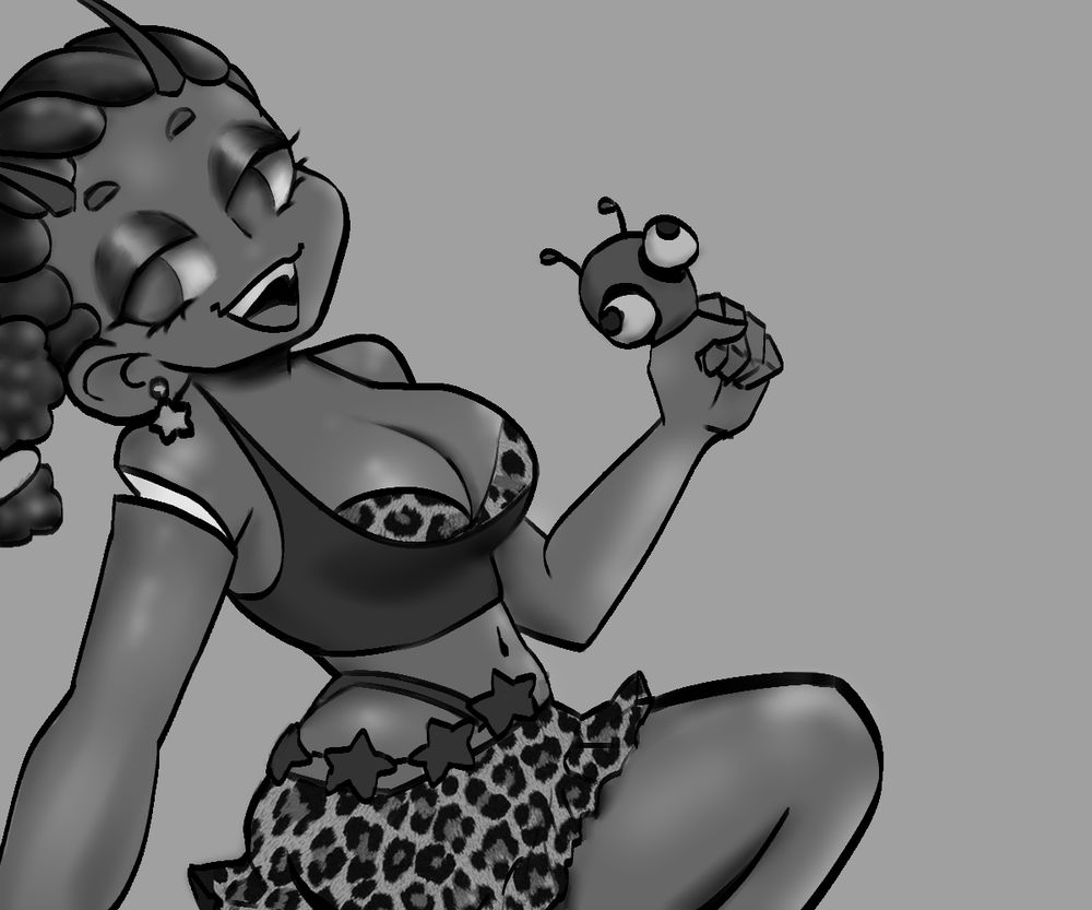 Black and white drawing if Matrix squeezing the eyes out of an alien squishy toy. Shes wearing cheetach print shorts lifting up on leg side eying the camera while laughing 