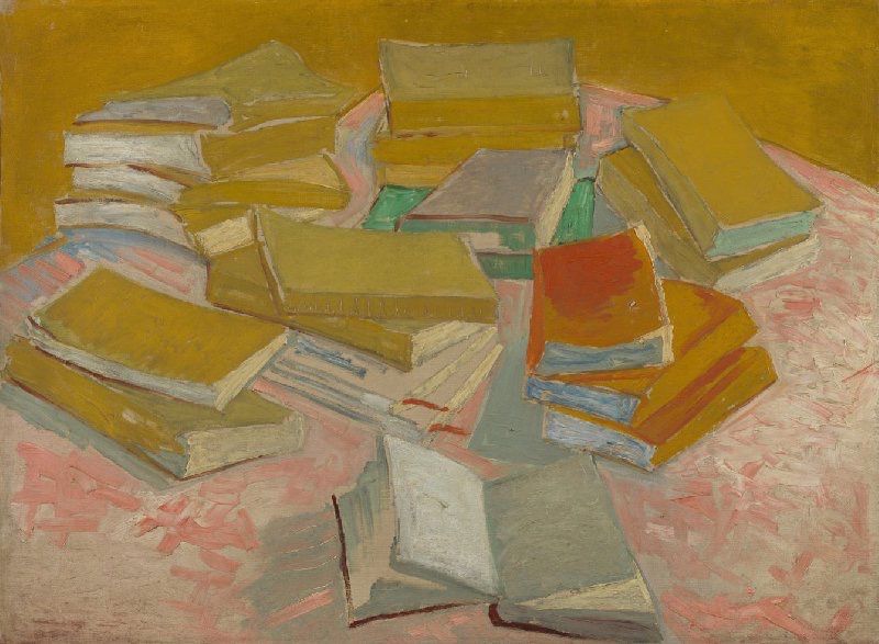 Image shows the oil painting Piles of French Novels by Vincent Van Gogh.  Several light yellow and red orange books are stacked in small piles on a pink and white tablecloth in front of an ochre wall.  One book in the foreground lays open, suggestively inviting the viewer to imagine the wild stories that may be contained within the pages.

Credit: Van Gogh Museum, Amsterdam 