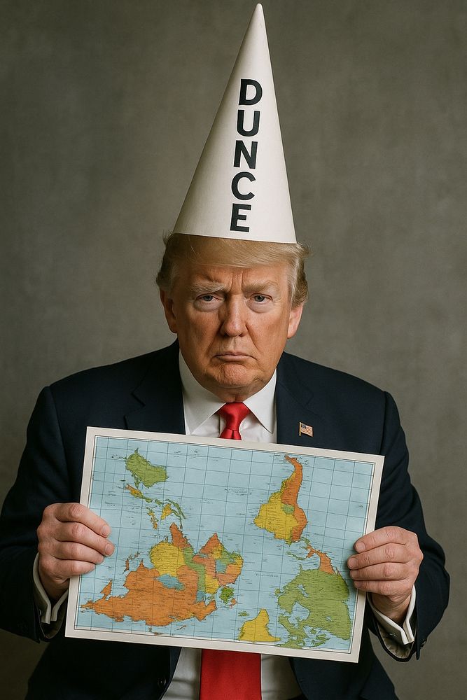 Trump in a dunces cap, holding a world map upside down. He looks sad, like a child who’s lost his favourite action figure in a grocery store.