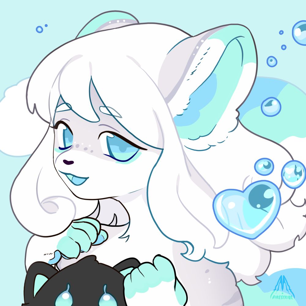 Illustration of a cat girl with white hair and blue and grey accents