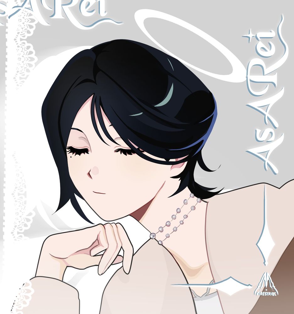 A softly coloured illustration of a short haired women peacefully closing her eyes, surrounded with angel motifs. Text reads: Asa Rei (her name)