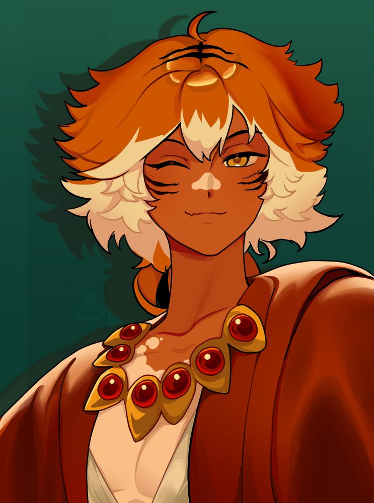 A vibrant illustration of a tiger man with colours in matching theme. He has a large chunky necklace and red robes. He has both face markings and vitiligo