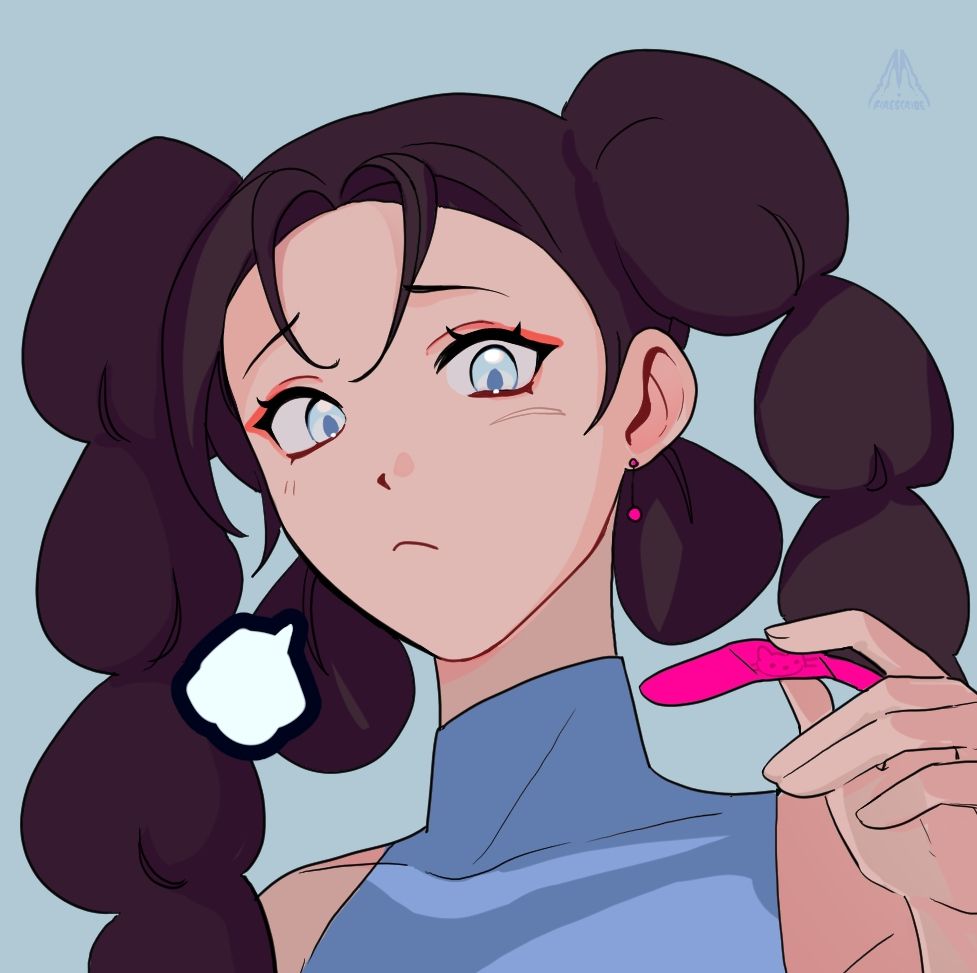 An illustration of a girl with big braided hair buns and vibrant eye makeup looking down at a pink bandaid in her hand, which she usually uses to cover the scar beneath her left eye