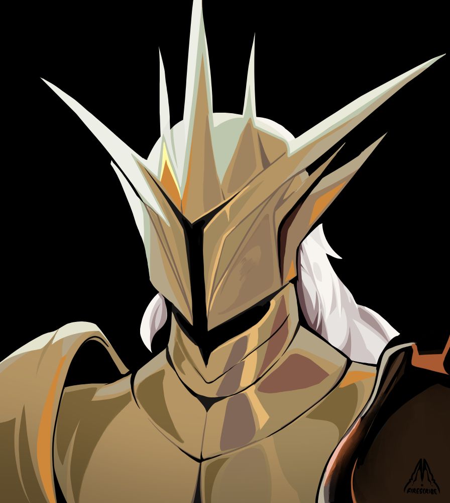 An illustration of a golden knight with a spiked helmet that resembles a crown