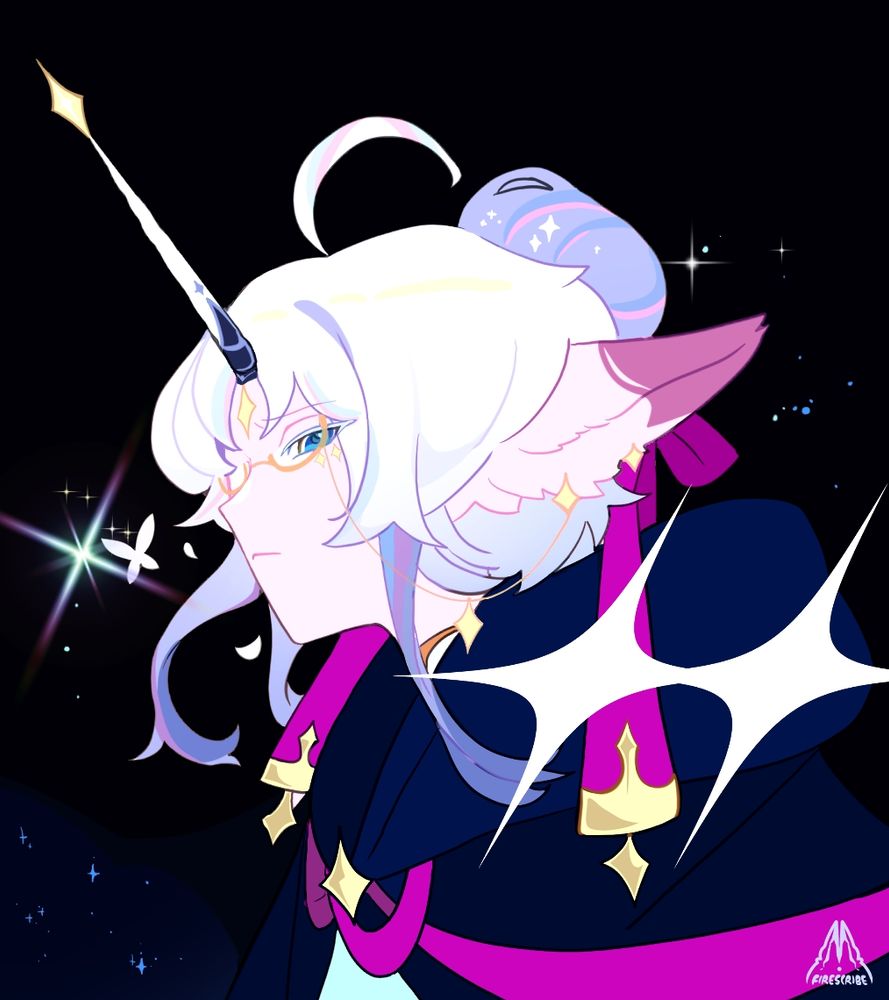 Illustration of a unicorn boy whose horn ends in a star, and whose clothes are blue, pink and golden. He is covered in stars and has golden glasses