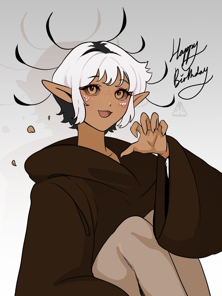 An illustration of a bird girl with two tone hair (white and black) based on the secretary bird. She makes a claw shape with her hand with a happy expression and wears a brown hoodie. The accompanying text reads happy birthday 