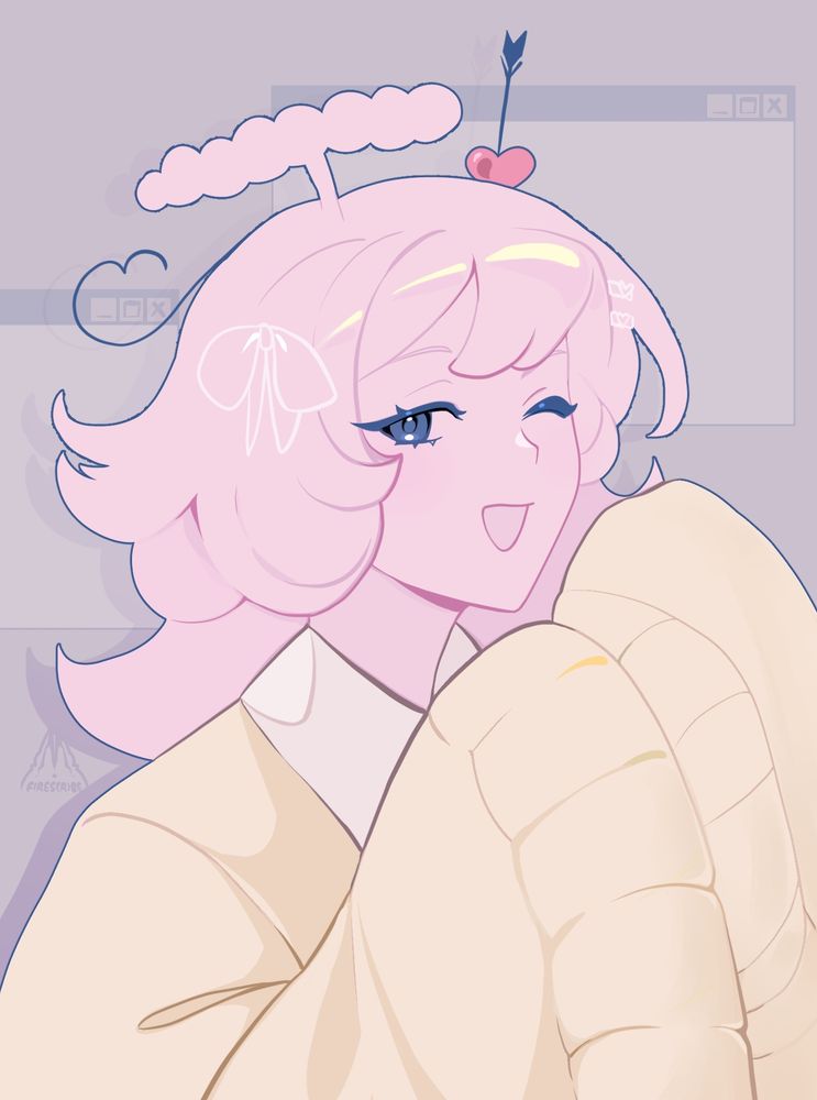 Illustration of a pink coloured girl with a yellow jacket and heart and cupid motifs