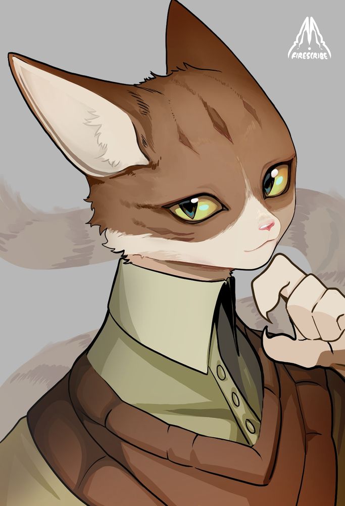 illustration of an anthromorphic cat wearing a suit. He has a calm gaze and a smile.