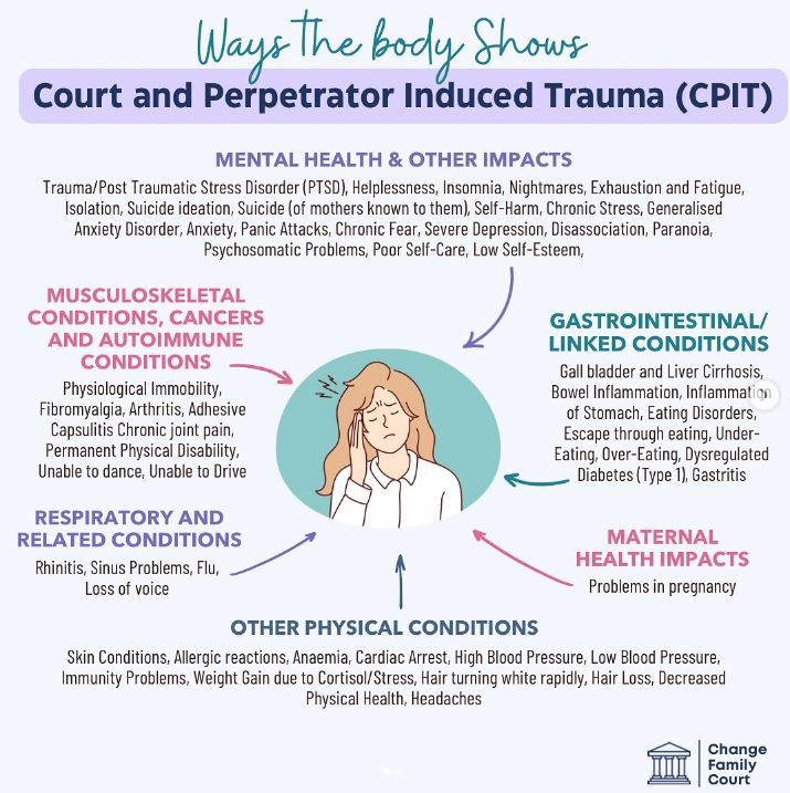 Gender-based violence (GBV) and Domestic Violence (DV) are prevalent in Brazil. There are growing concerns globally regarding the weaponisation of the pseudo-concept ‘Parental Alienation’ (PA) in the family courts against women. Additionally, a lack of understanding of mothers’ family court and health-related experiences indicated a need to explore this topic further. A qualitative study was conducted with thirteen mothers who are victims of Domestic Violence and have been accused of PA. Mothers reported a range of harmful health experiences, delineated here under the conceptual framework of Court and Perpetrator Induced Trauma (CPIT). Six themes are presented, which encapsulate a range of harmful actions, behaviours and circumstances (ABCs) that surround these mothers and their responses to these ABCs. Multiple physical health conditions were reported as associated with family court proceedings. This included maternity problems, musculoskeletal, autoimmune, and respiratory conditions and a broad range of mental health implications including suicide and other trauma responses. Human rights violations, the weaponisation of ‘Parental Alienation’ and inherently misogynistic and oppressive justice systems in Brazil were also reported. Urgent measures and further research are now needed to investigate causal links between harm to health and the family courts and to strengthen human rights protection for women and child victims in Brazil and beyond.