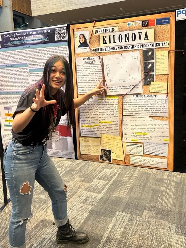 Context: Me at the ASA Annual Scientific Meeting 2023, with my poster about the KiloNova and Transients Program (KNTraP), a survey optimised to find KiloNova without gravitational wave or gamma-ray burst triggers. Won People’s Choice Award 😎


Description: Photo of a woman standing next to a scientific poster in the style of a detective’s corkboard. 