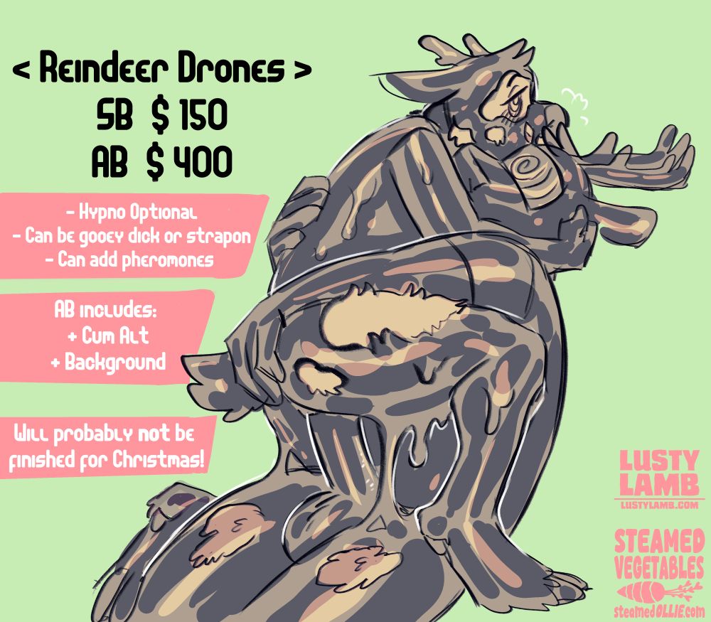 A sketch of two character fucking, they're both transforming into reindeer drones. The character topping is closer to being finished transforming. The bottom's eyes are still visible through the goo. Both seem to be enjoying themselves quite a bit.

Tags - Latex, Goo, Hypnosis, Transformation, TF, Latex TF, Reindeer, Drones, Dronification, Anal, YCH, For sale, Your Character Here 