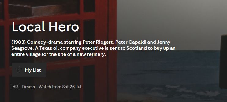 Screenshot showing Local Hero available on Channel 4 from 26th July