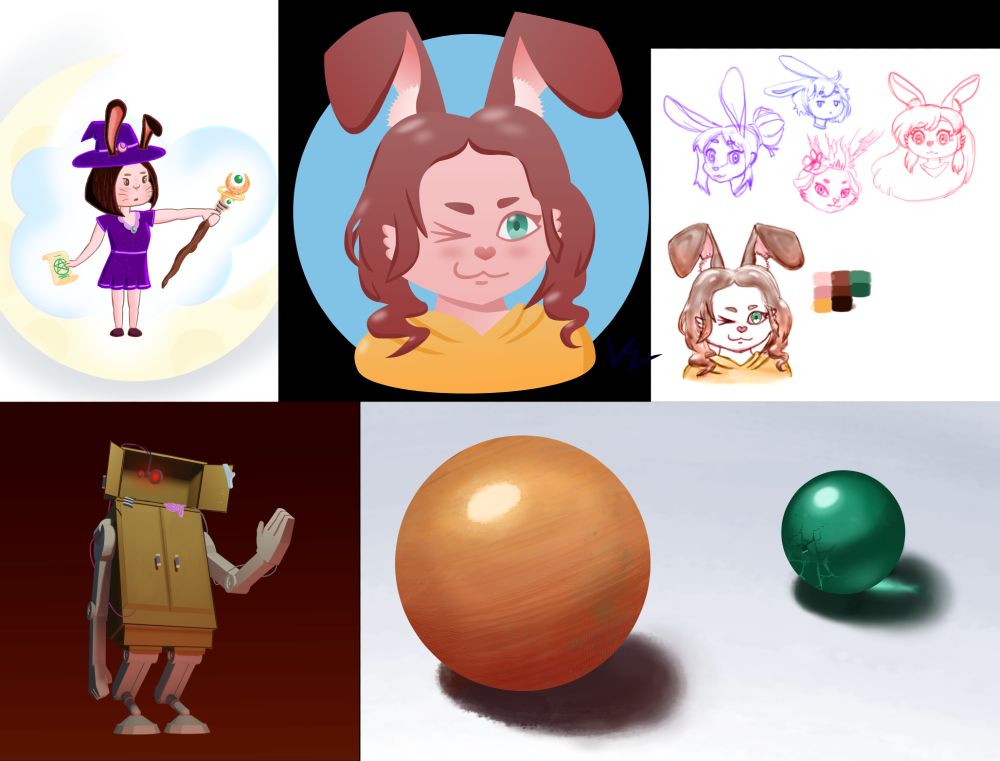 A collage of digital art that I made, including a drawing of a witch bunny girl in a purple dress and pointy hat, a vector art portrait of a bunny girl with a yellow hoodie, some sketches of anthropomorphic bunny girls, a 3d render of a mecha wardrobe and a couple of realistic painted metal and glass marbles