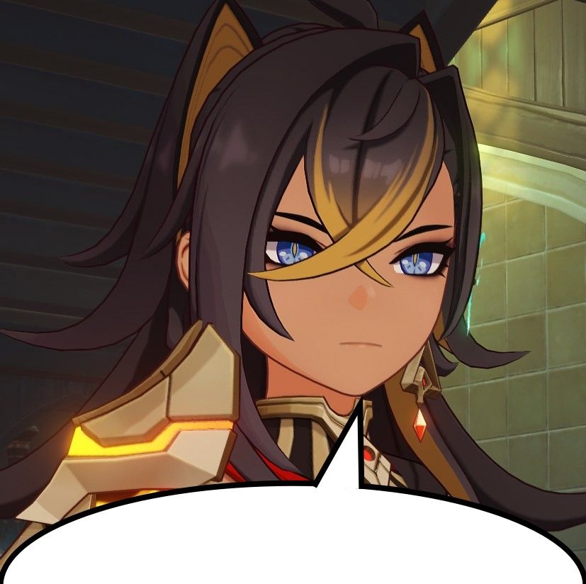 Dehya from Genshin Impact with a speech bubble beneath