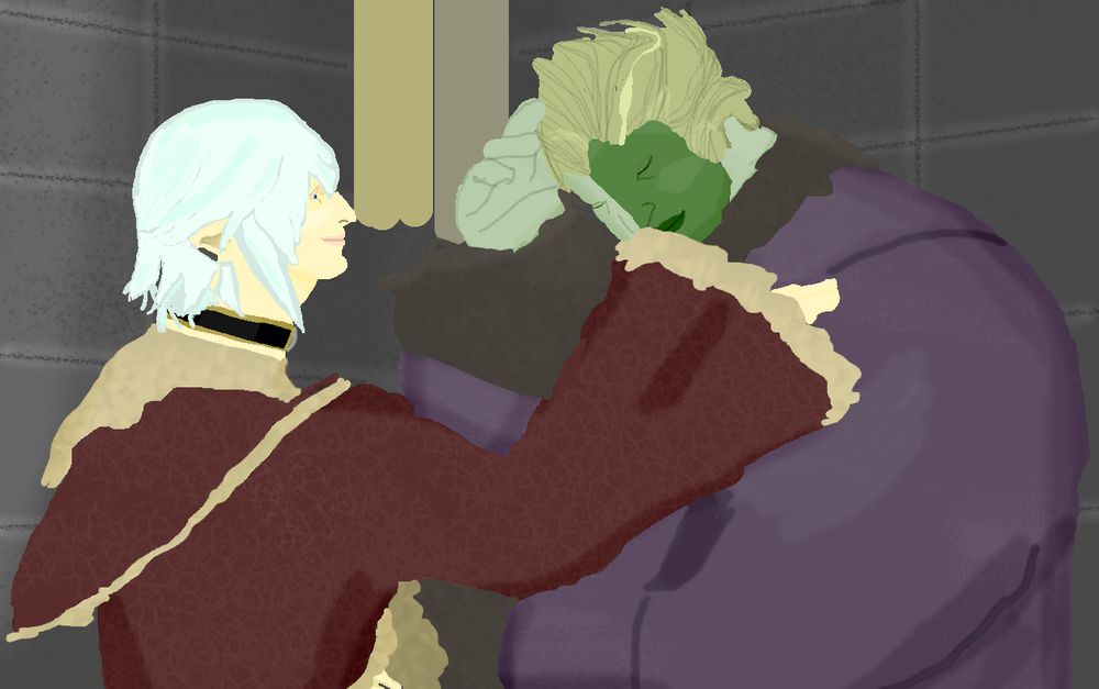 Two men standing together, one caressing the other shoulder as the second looks slightly embarrassed. Also one's a giant green man and the other is a pointy-eared elf. 