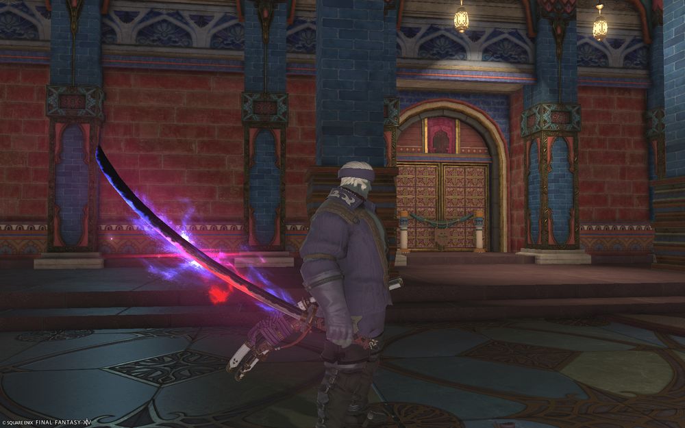 A man in purple tunic and black boots holding a samurai sword behind him. The sword is glowing in pink, purple, blue and red. The sheathe is tied with purple rope. 
