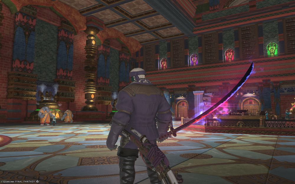 A man in purple tunic and black boots holding a samurai sword behind him. The sword is glowing in pink, purple, blue and red. The sheathe is tied with purple rope. 
