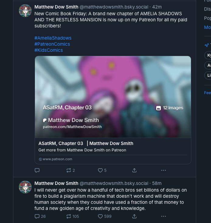 A post with a link to a brand new chapter of my comic. There are 5 likes and 2 reshares and no comments. Beneath it is an post from 15 minutes earlier with a short rant about 