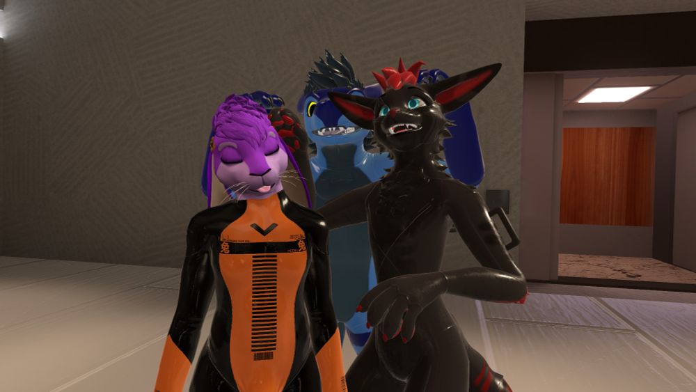 Reese, Vask, and Fluggie gather around in their latex avatars. Vask gives the others headpats, Reese bleps with their eyes close.