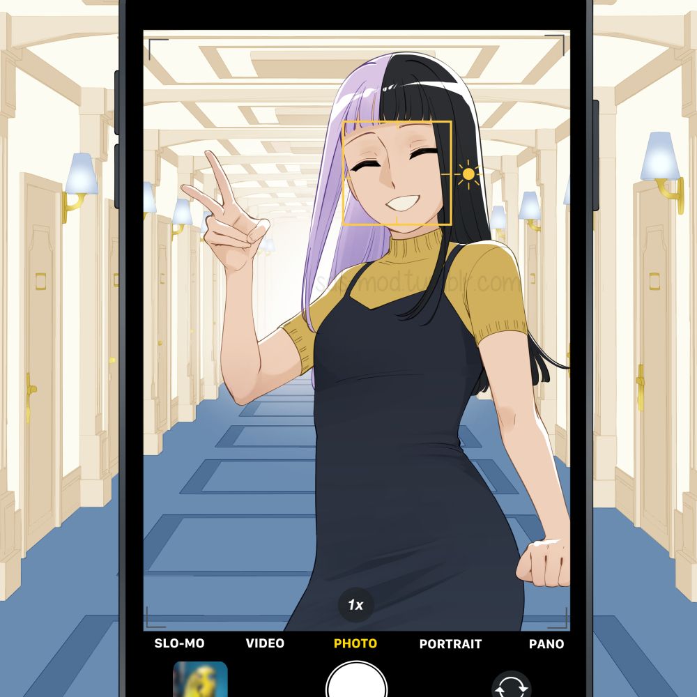 An illustration depicting a young woman standing in a luxurious hotel hallway. A phone is close to the viewer and the woman is seen through the camera on the screen. She is smiling with her eyes closed and holding up a hand with her fingers pointed in a peace-sign.