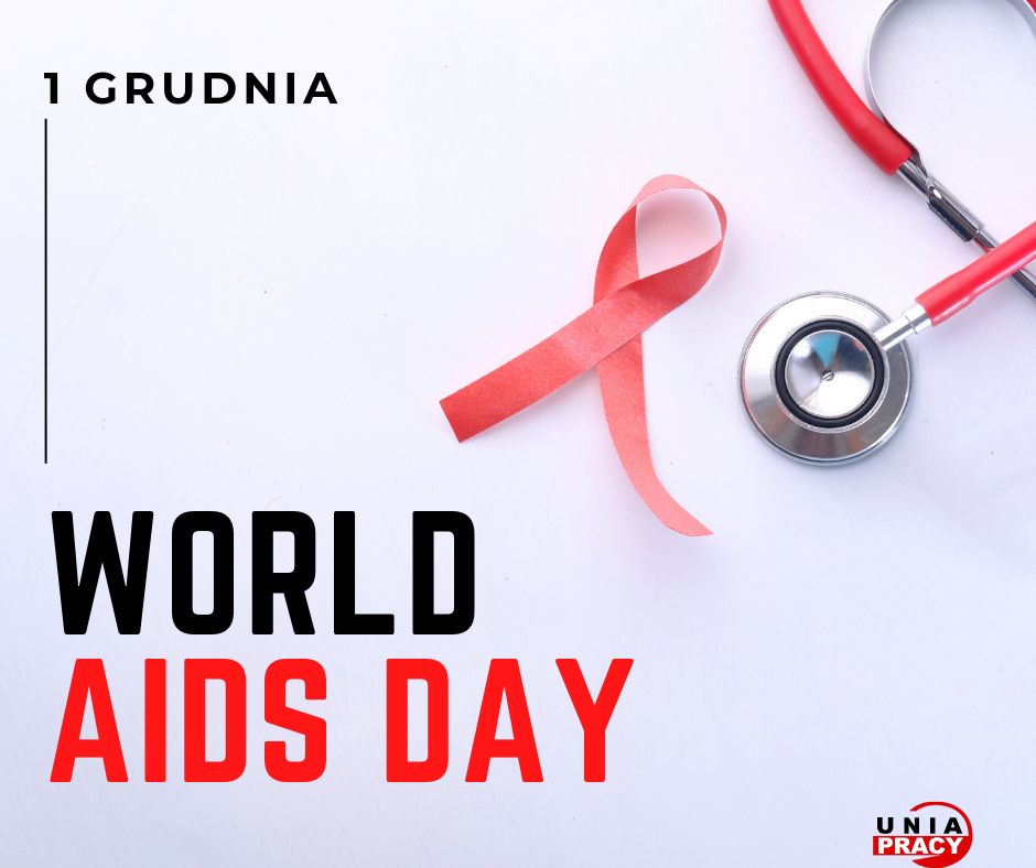 Zdjęcie przedstawia czerwoną wstążkę i napis 1 grudnia World AIDS Day