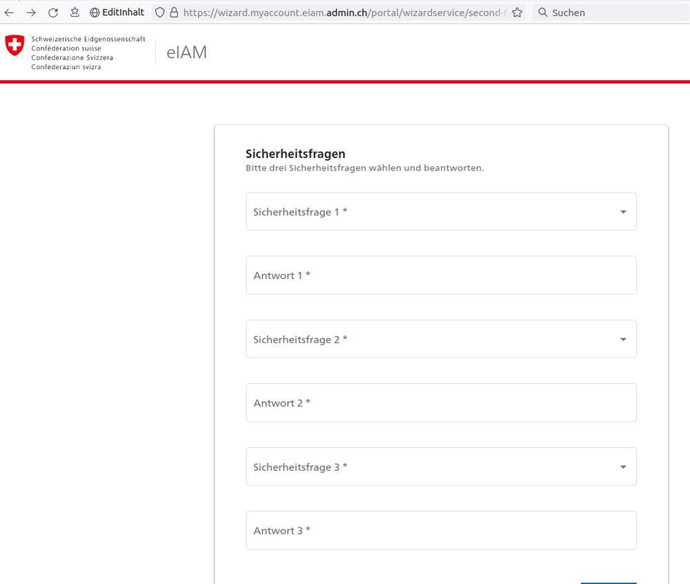 Screenshot der Webseite, die das Festlegen von Sicherheitsfragen fordert.