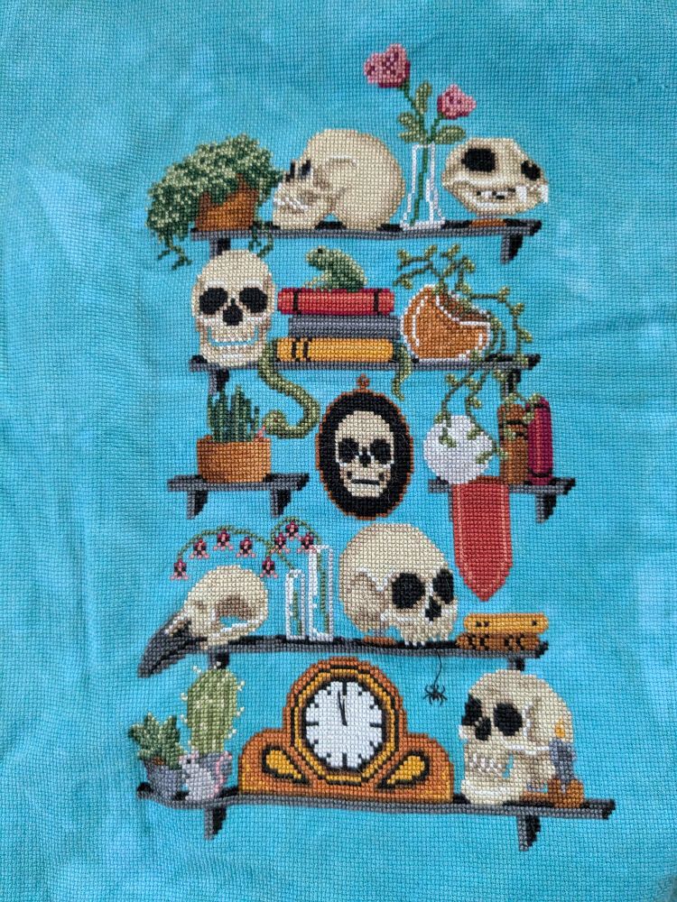 A cross stitched piece on blue fabric depicting shelves full of skulls, books, plants, and other spooky oddities