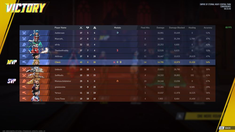Match results in Rivals. I got MVP (at the last second, stole it from our Luna) with a 46/6/38 KDA.