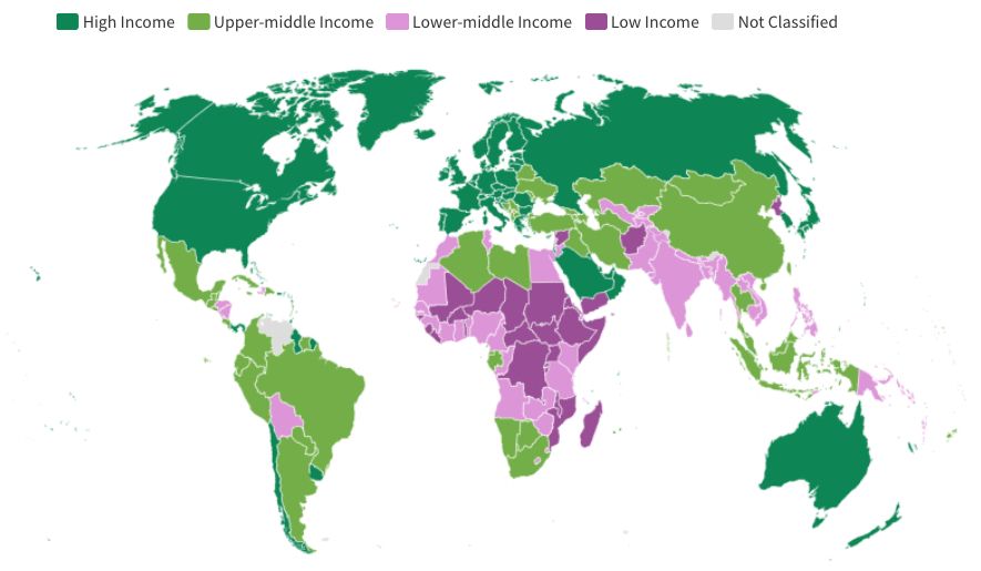 A map of the world in 2023 coloured by income status according to the World Bank's definition